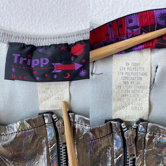 Vtg 80's Tripp NYC Holographic Zip Up Cropped Tank L RARE Rave Club Techno Top - Picture 7 of 8